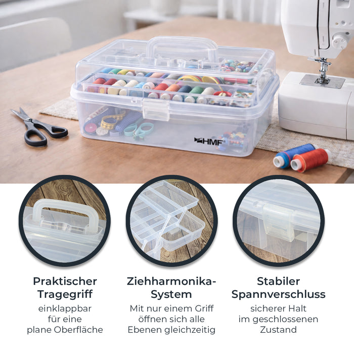 HMF Nähkasten aufklappbar mit 3 Ebenen, Sortierbox für Kleinteile in Transparent