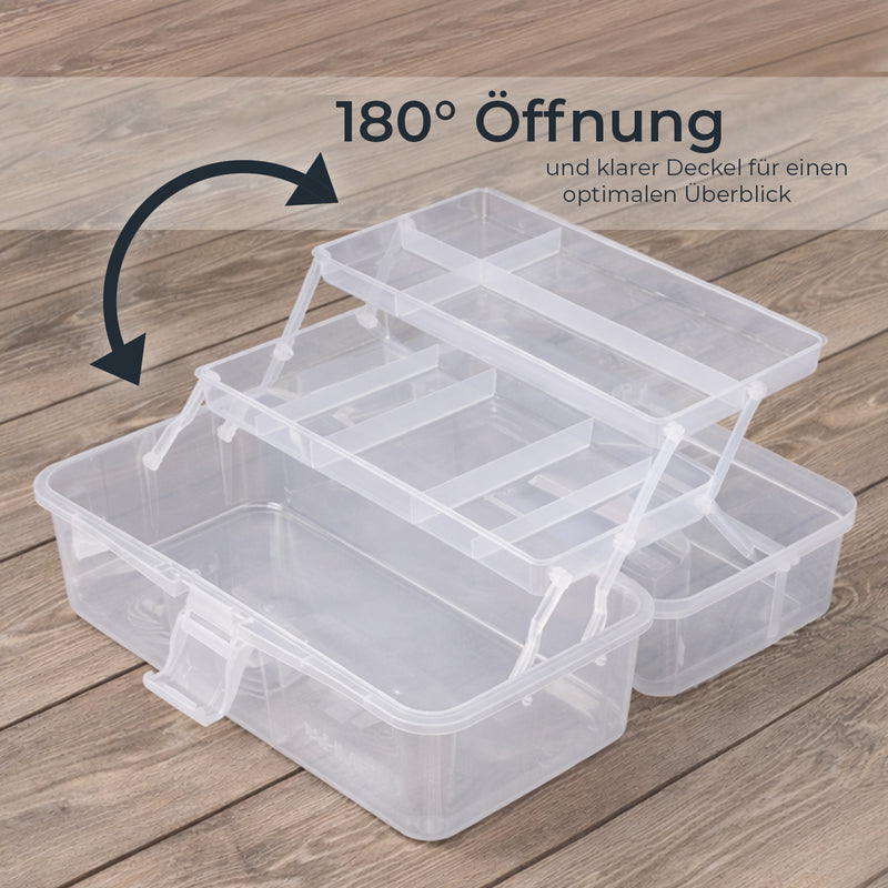 HMF Nähkasten aufklappbar mit 3 Ebenen, Sortierbox für Kleinteile in Transparent