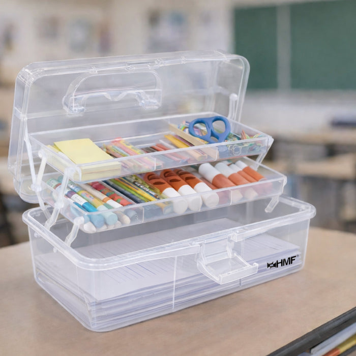 HMF Nähkasten aufklappbar mit 3 Ebenen, Sortierbox für Kleinteile in Transparent