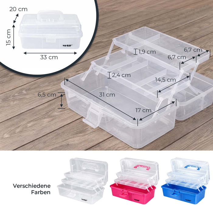 HMF Nähkasten aufklappbar mit 3 Ebenen, Sortierbox für Kleinteile in Transparent