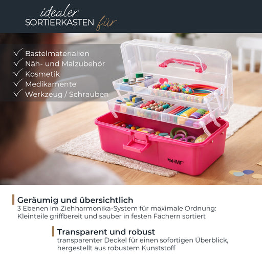 HMF Nähkasten aufklappbar mit 3 Ebenen, Sortierbox für Kleinteile in Pink