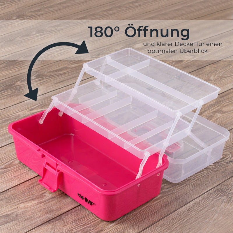 HMF Nähkasten aufklappbar mit 3 Ebenen, Sortierbox für Kleinteile in Pink