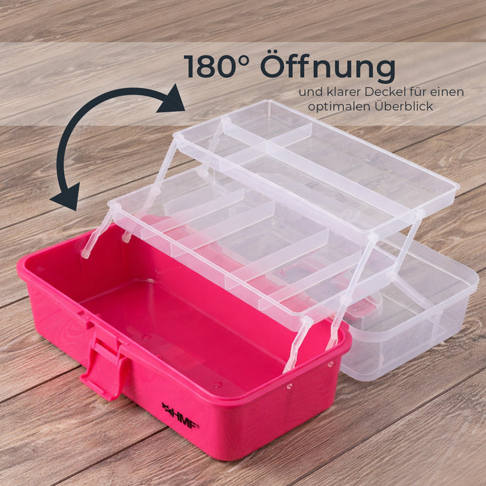 HMF Nähkasten aufklappbar mit 3 Ebenen, Sortierbox für Kleinteile in Pink