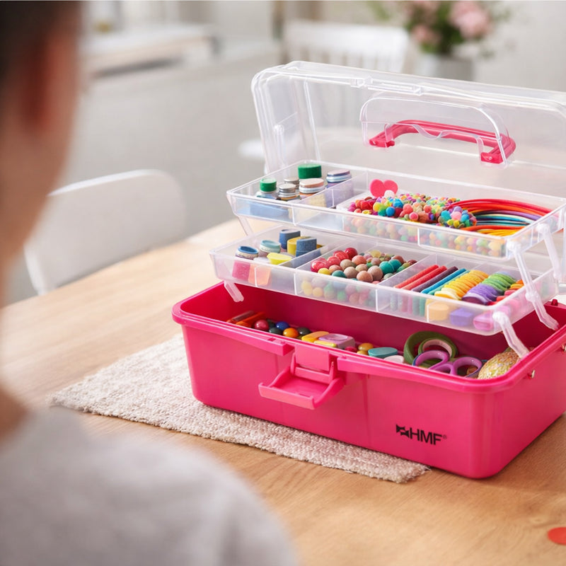 HMF Nähkasten aufklappbar mit 3 Ebenen, Sortierbox für Kleinteile in Pink