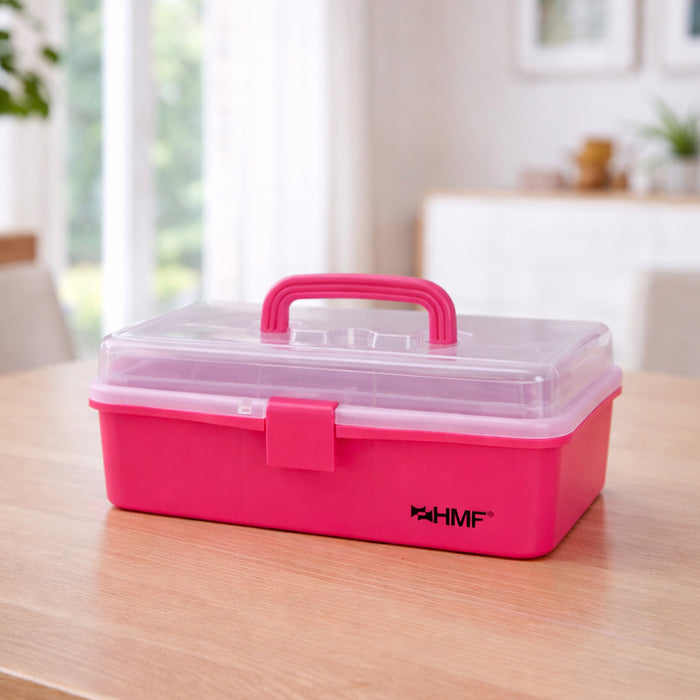 HMF Nähkasten aufklappbar mit 3 Ebenen, Sortierbox für Kleinteile in Pink