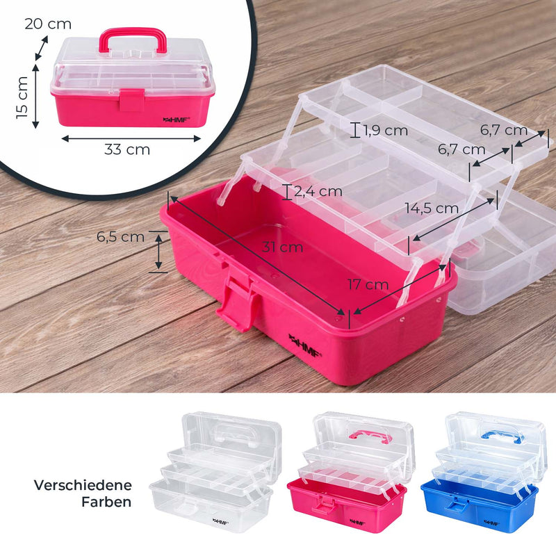 HMF Nähkasten aufklappbar mit 3 Ebenen, Sortierbox für Kleinteile, 36,5 x 20,5 x 16 cm, Pink