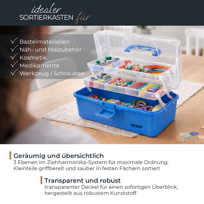 HMF Nähkasten aufklappbar mit 3 Ebenen, Sortierbox für Kleinteile in Blau