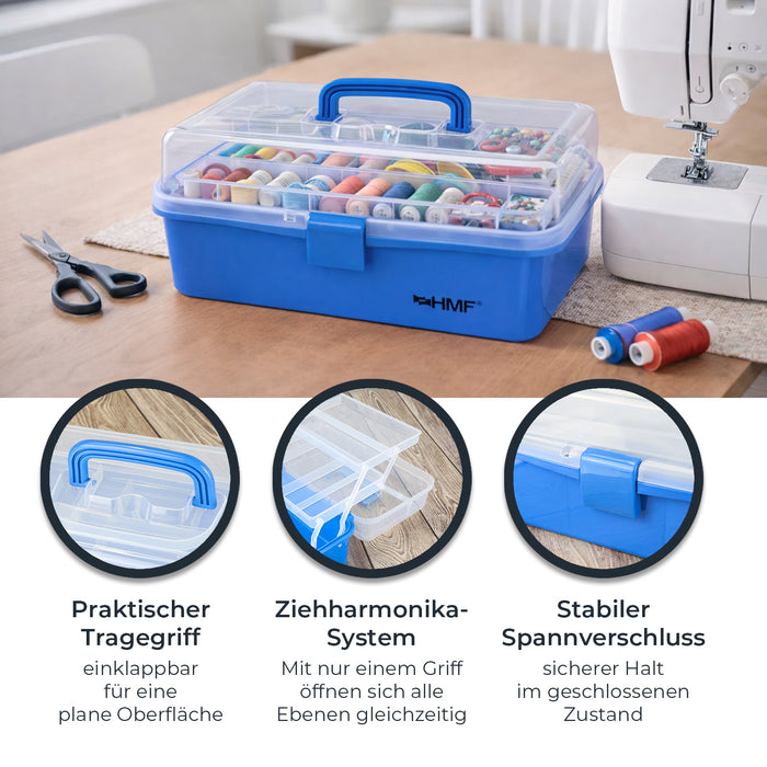 HMF Nähkasten aufklappbar mit 3 Ebenen, Sortierbox für Kleinteile in Blau