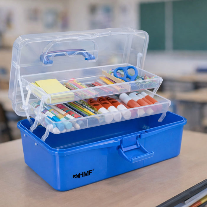 HMF Nähkasten aufklappbar mit 3 Ebenen, Sortierbox für Kleinteile in Blau