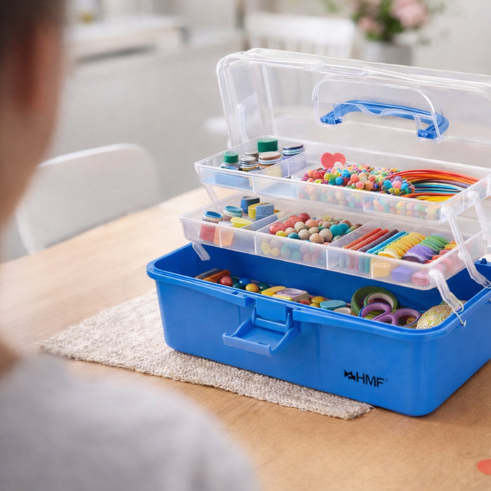 HMF Nähkasten aufklappbar mit 3 Ebenen, Sortierbox für Kleinteile in Blau