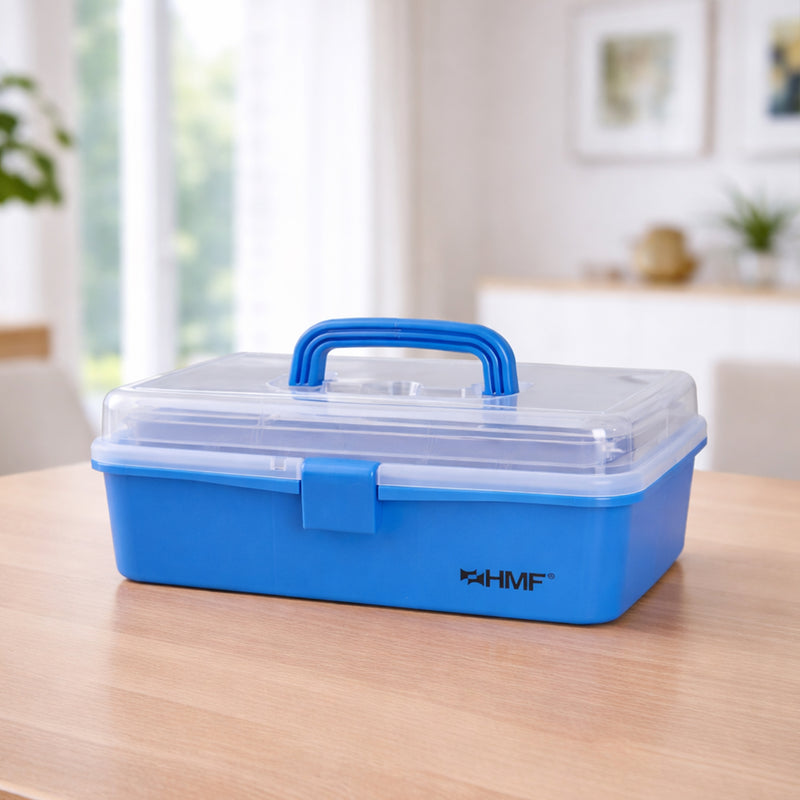 HMF Nähkasten aufklappbar mit 3 Ebenen, Sortierbox für Kleinteile in Blau