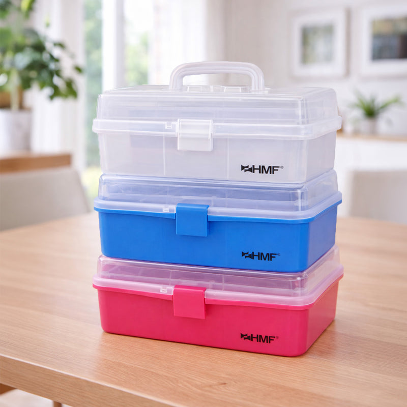 HMF Nähkasten aufklappbar mit 3 Ebenen, Sortierbox für Kleinteile in Blau