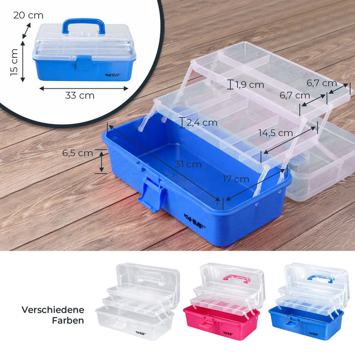 HMF Nähkasten aufklappbar mit 3 Ebenen, Sortierbox für Kleinteile in Blau