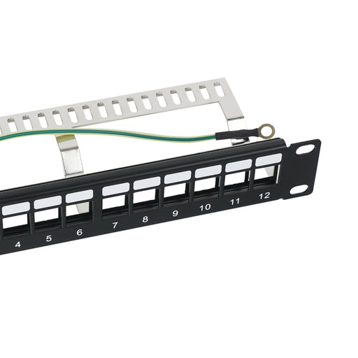 STP Keystone-Patchpanel für 10 Zoll Serverschränke von HMF mit 12 Ports RJ45 in Schwarz