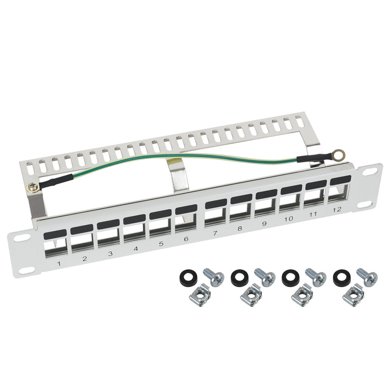 STP Keystone-Patchpanel für 10 Zoll Serverschränke von HMF mit 12 Ports RJ45 in Lichtgrau