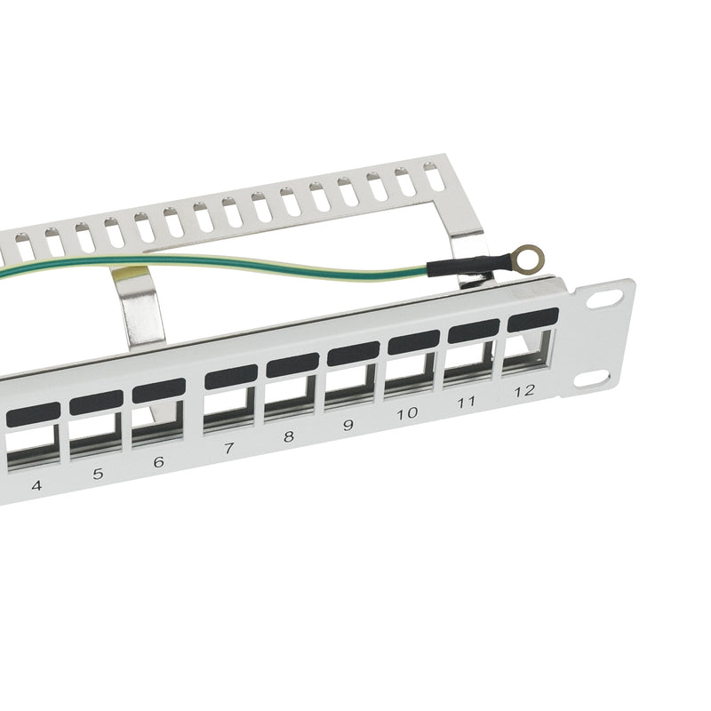 STP Keystone-Patchpanel für 10 Zoll Serverschränke von HMF mit 12 Ports RJ45 in Lichtgrau