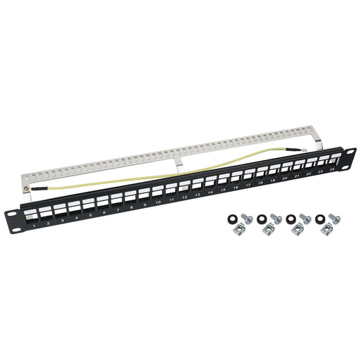 STP Keystone-Patchpanel für 19 Zoll Serverschränke von HMF mit 24 Ports RJ45 in Schwarz