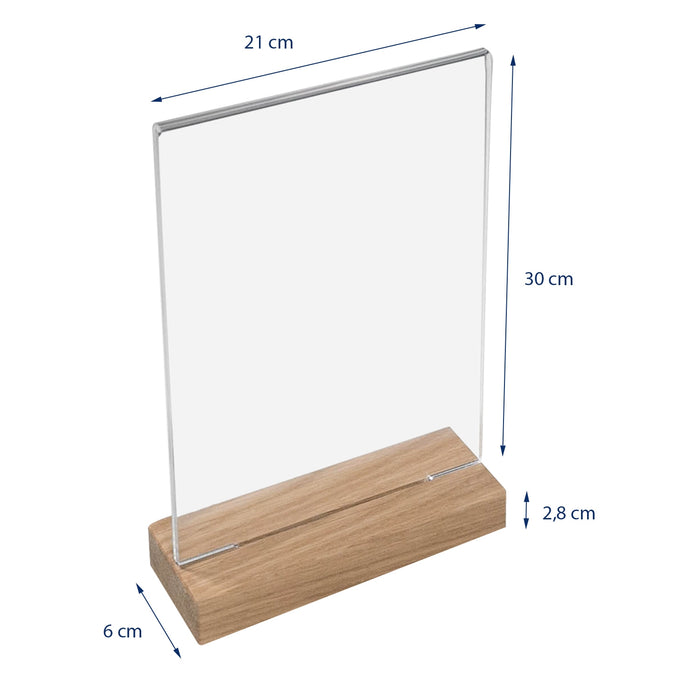 Tischaufsteller mit Holzfuß aus Acryl im Hochformat von HMF in DIN A4