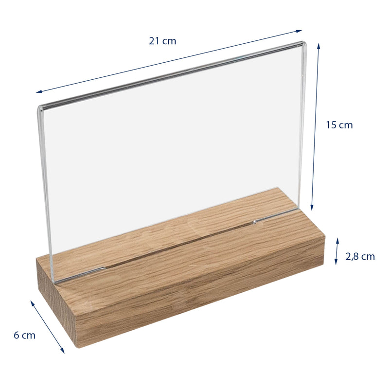 Tischaufsteller mit Holzfuß aus Acryl im Querformat von HMF in DIN A5