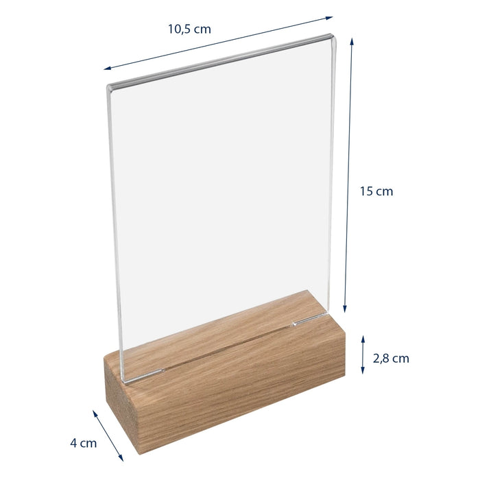 Tischaufsteller mit Holzfuß aus Acryl im Hochformat von HMF in DIN A6