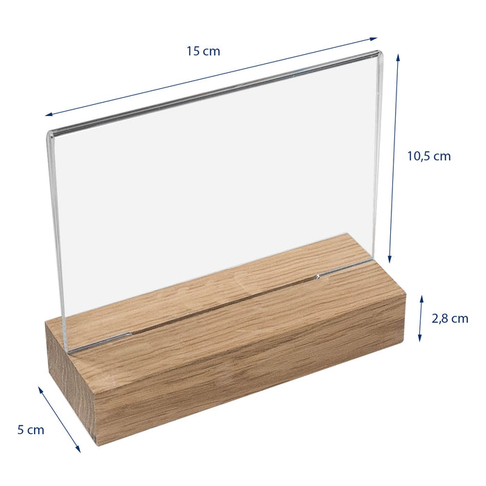 Tischaufsteller mit Holzfuß aus Acryl im Querformat von HMF in DIN A6