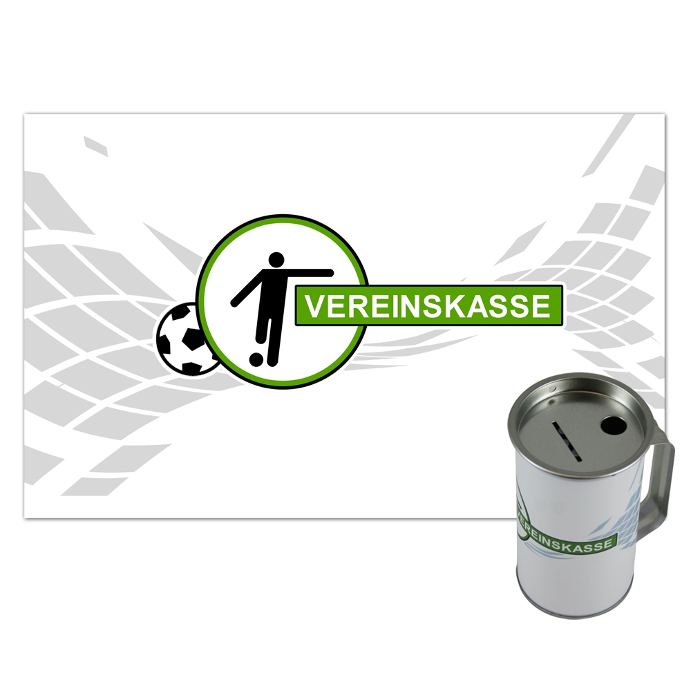 Spendendose mit Griff und Foliendruck Fußball Vereinskasse von HMF in Lichtgrau