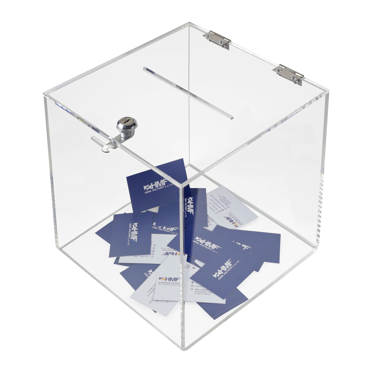 Spendenbox Würfel aus Acryl von HMF mit den Maßen 25 x 25 x 25 cm