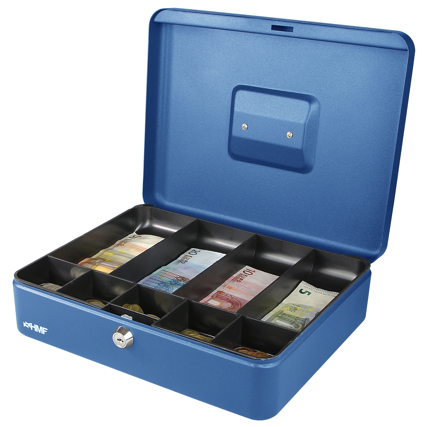 Geldkassette mit Münzeinsatz und Scheinfächer von HMF mit 30 cm Breite in Blau