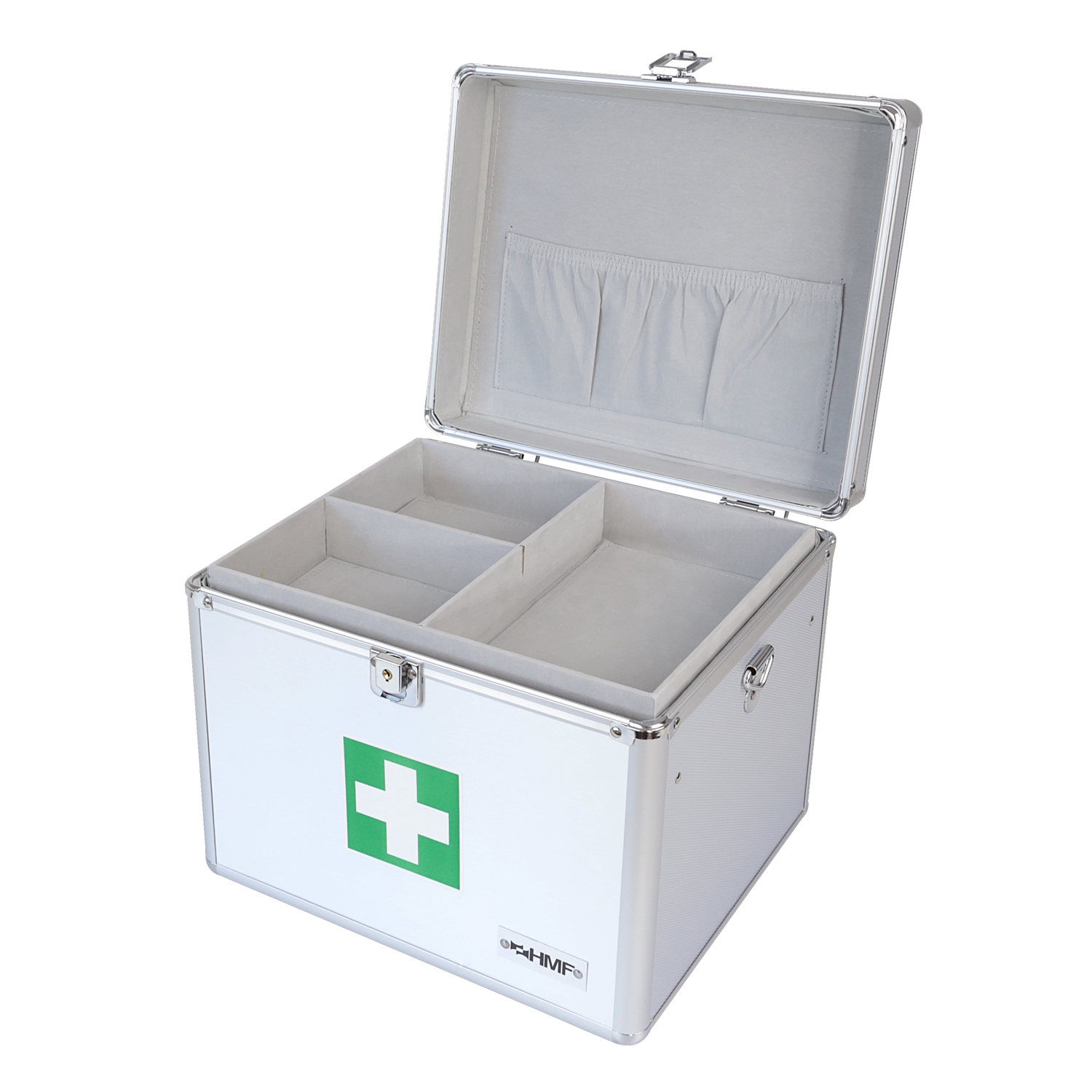 Medizinkoffer oder Erste Hilfe Koffer aus Aluminium von HMF mit den Maßen 30 x 25 x 25 cm in Silber
