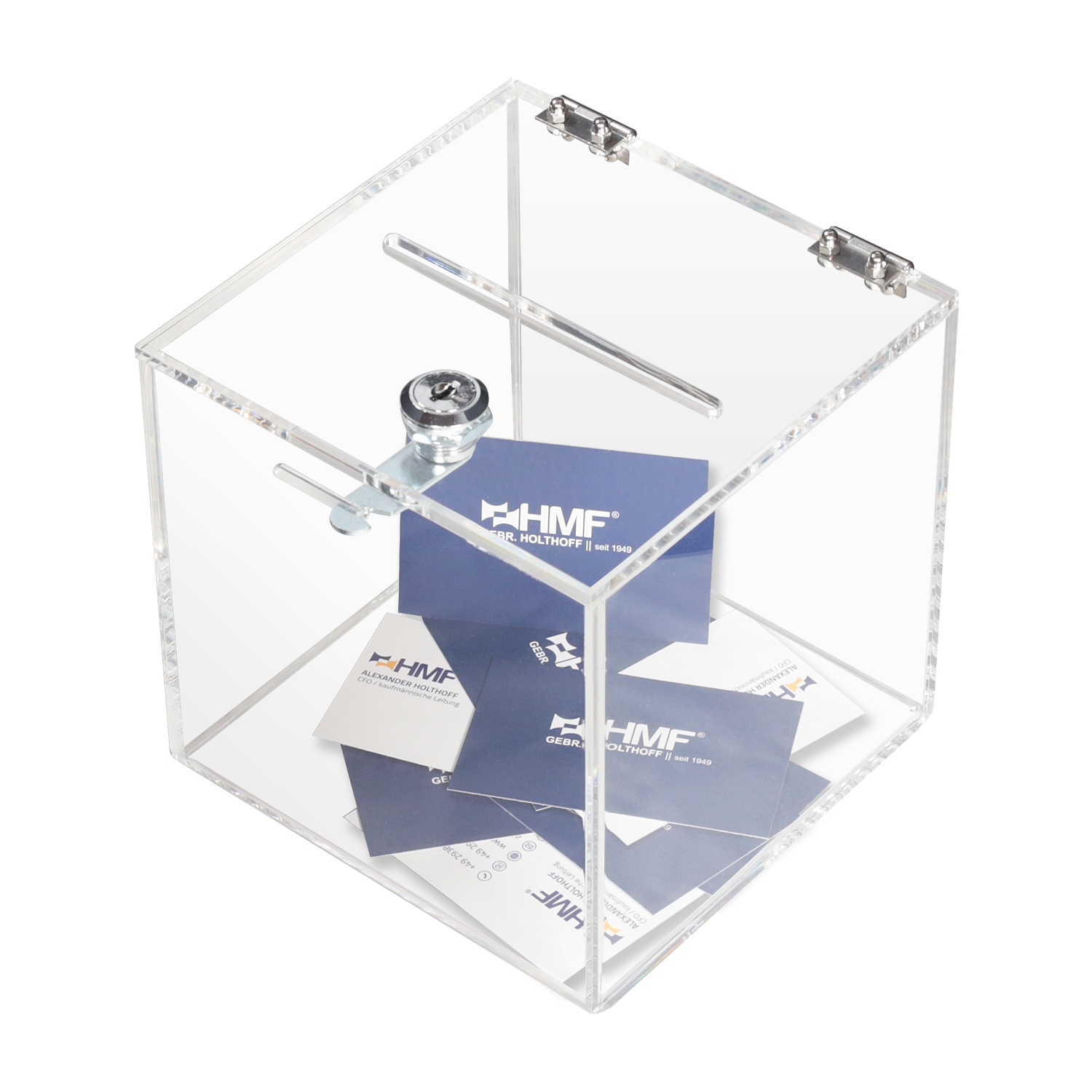 Spendenbox Würfel aus Acryl von HMF mit den Maßen 15 x 15 x 15 cm