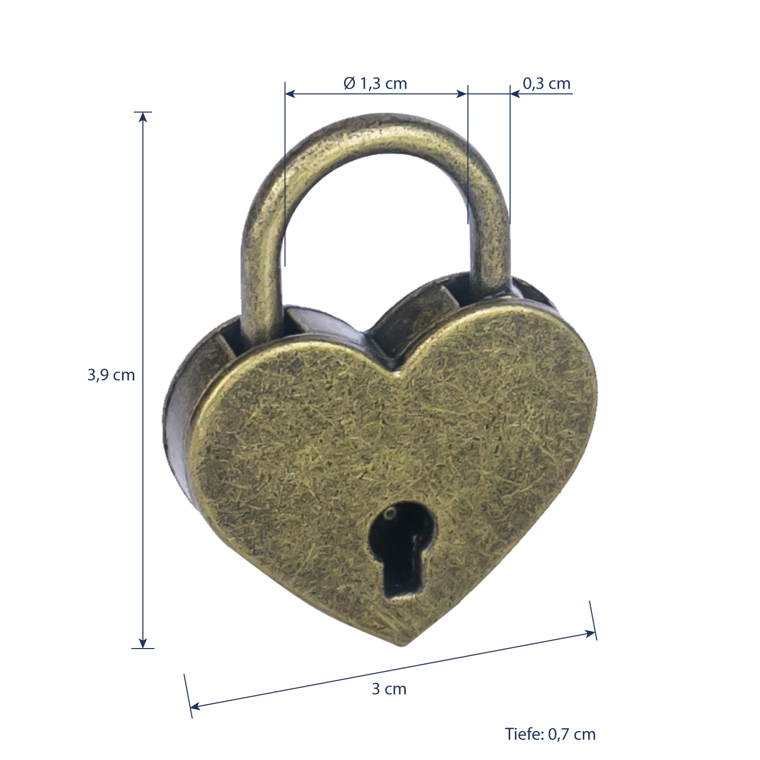 Mini Deko Vorhängeschloss in Herzform mit Schlüssel von HMF mit 39 mm Breite in Bronze