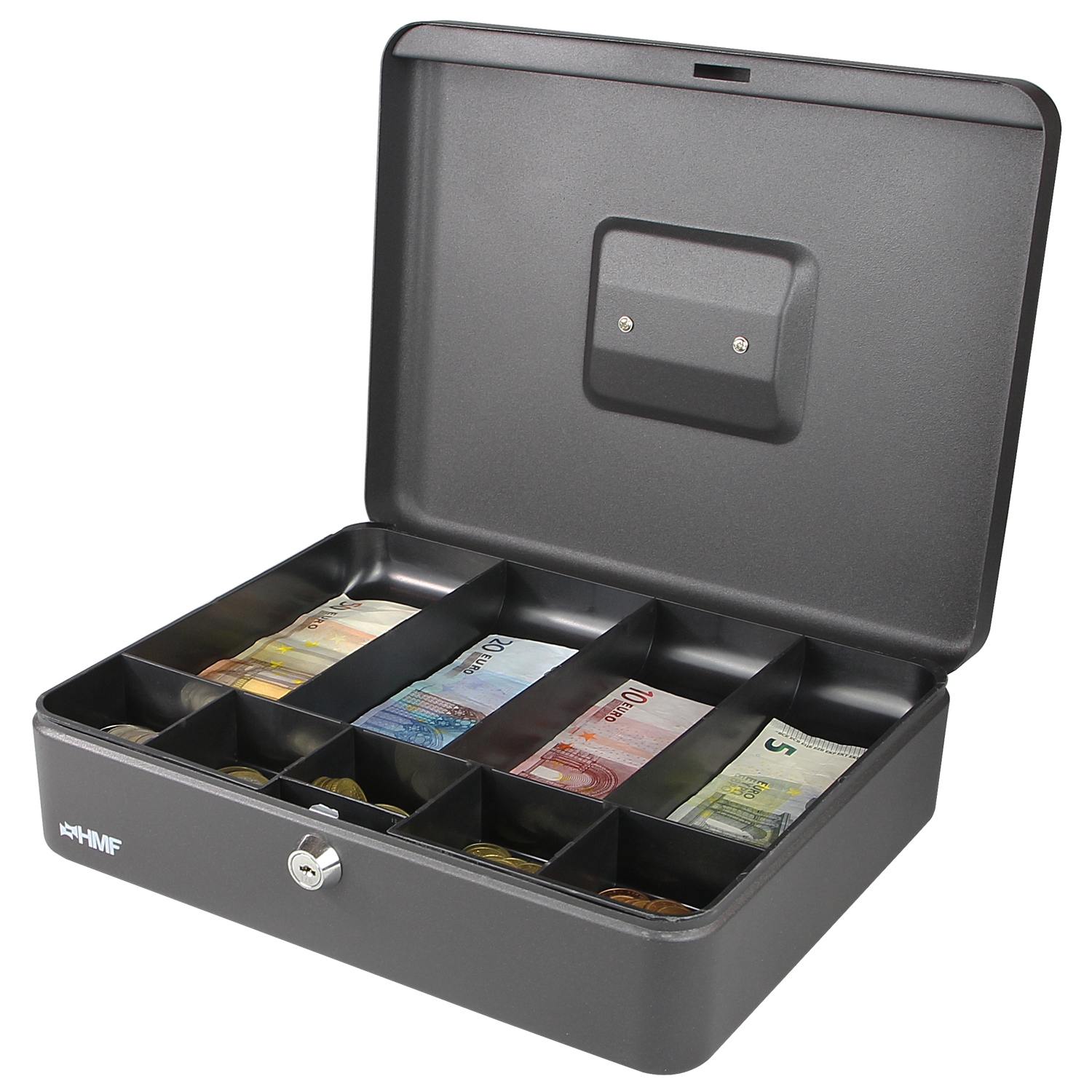 Geldkassette mit Münzeinsatz und Scheinfächer von HMF mit 30 cm Breite in Schwarz
