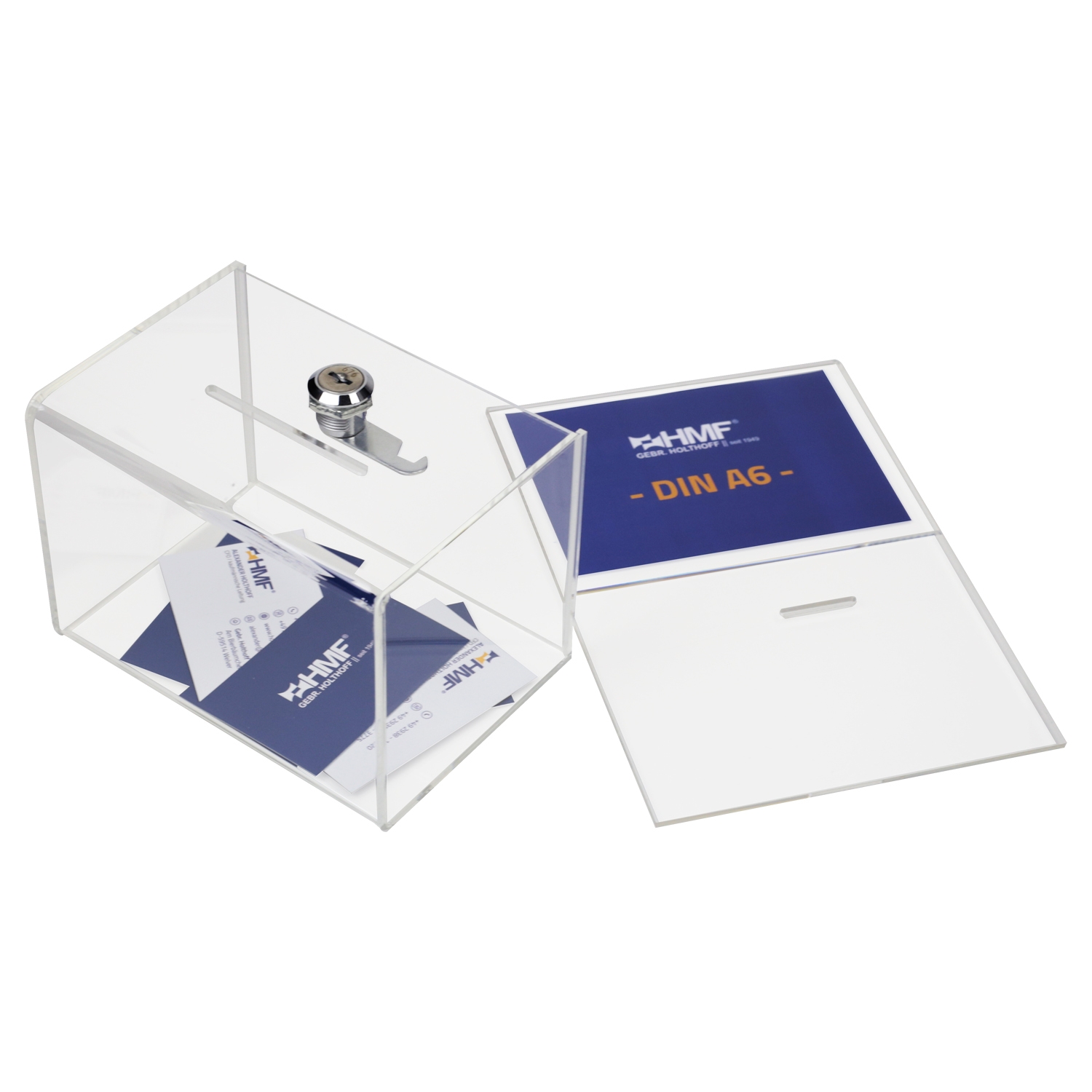 Spendenbox Acryl für DIN A6 Blatteinschub von HMF mit den Maßen 15.5 x 11 x 11 cm