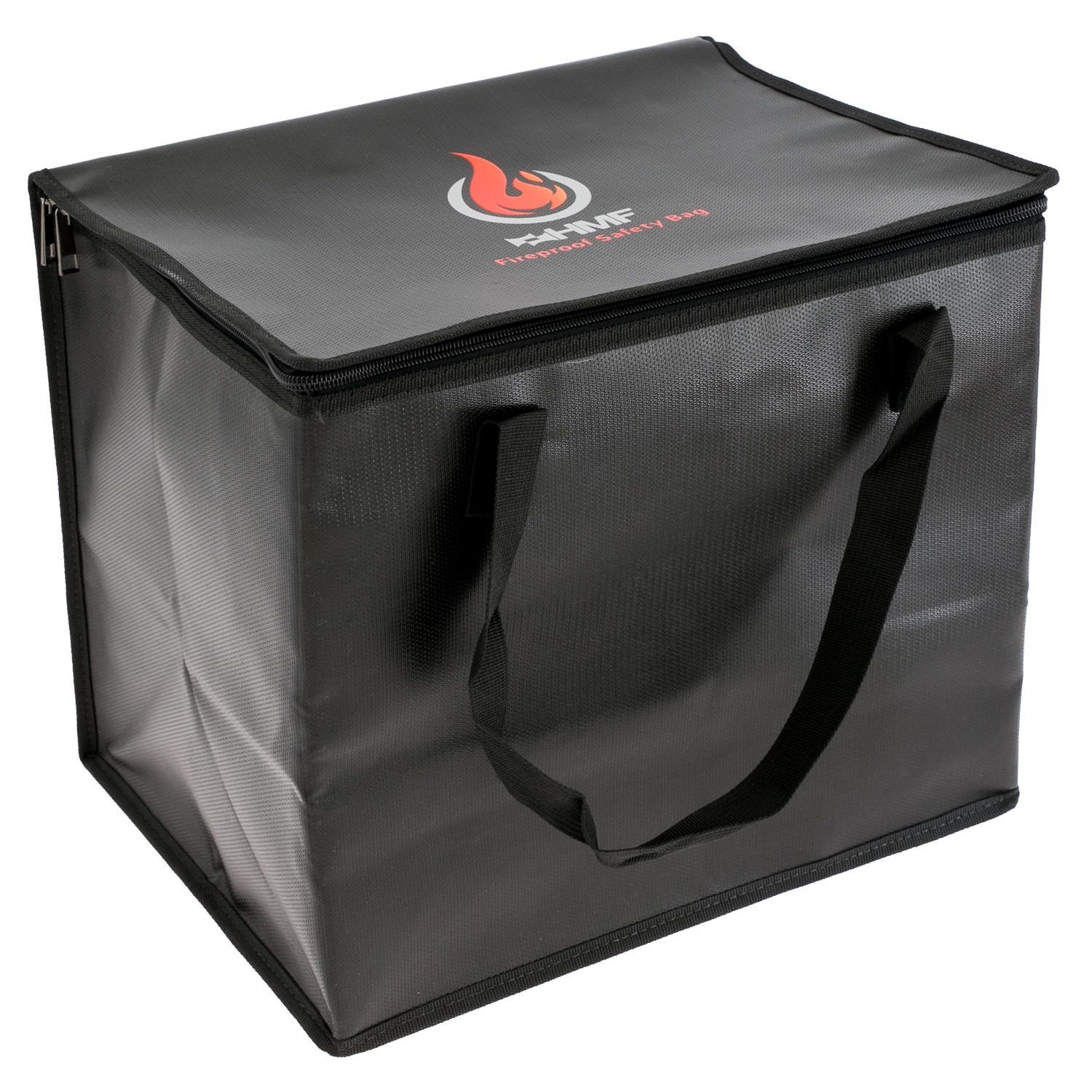 Feuerfeste Tasche für LiPo Akkus mit Reißverschluss von HMF mit den Maßen 35.5 x 24.4 x 30.5 cm in Schwarz
