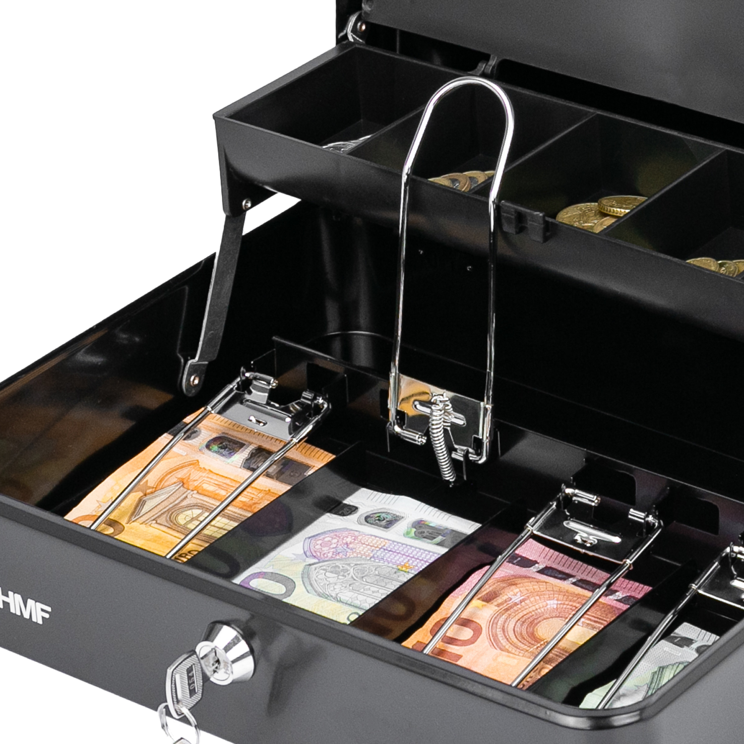 Geldkassette abschließbar mit Münzeinsatz und 4 Scheinfächer mit Klammer von HMF mit 30 cm Breite in Schwarz