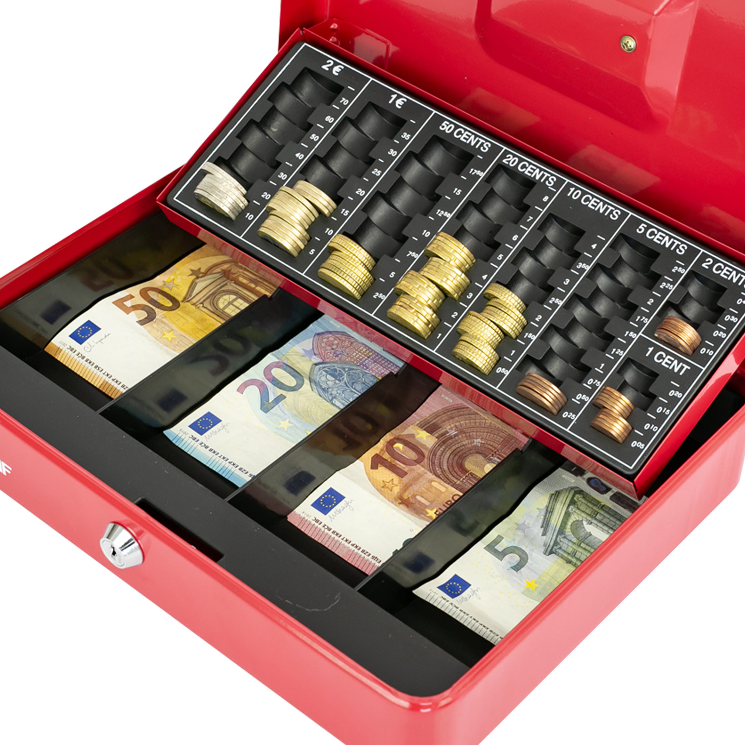 Geldkassette mit Euro-Münzzählbrett von HMF mit 30 cm Breite in rot