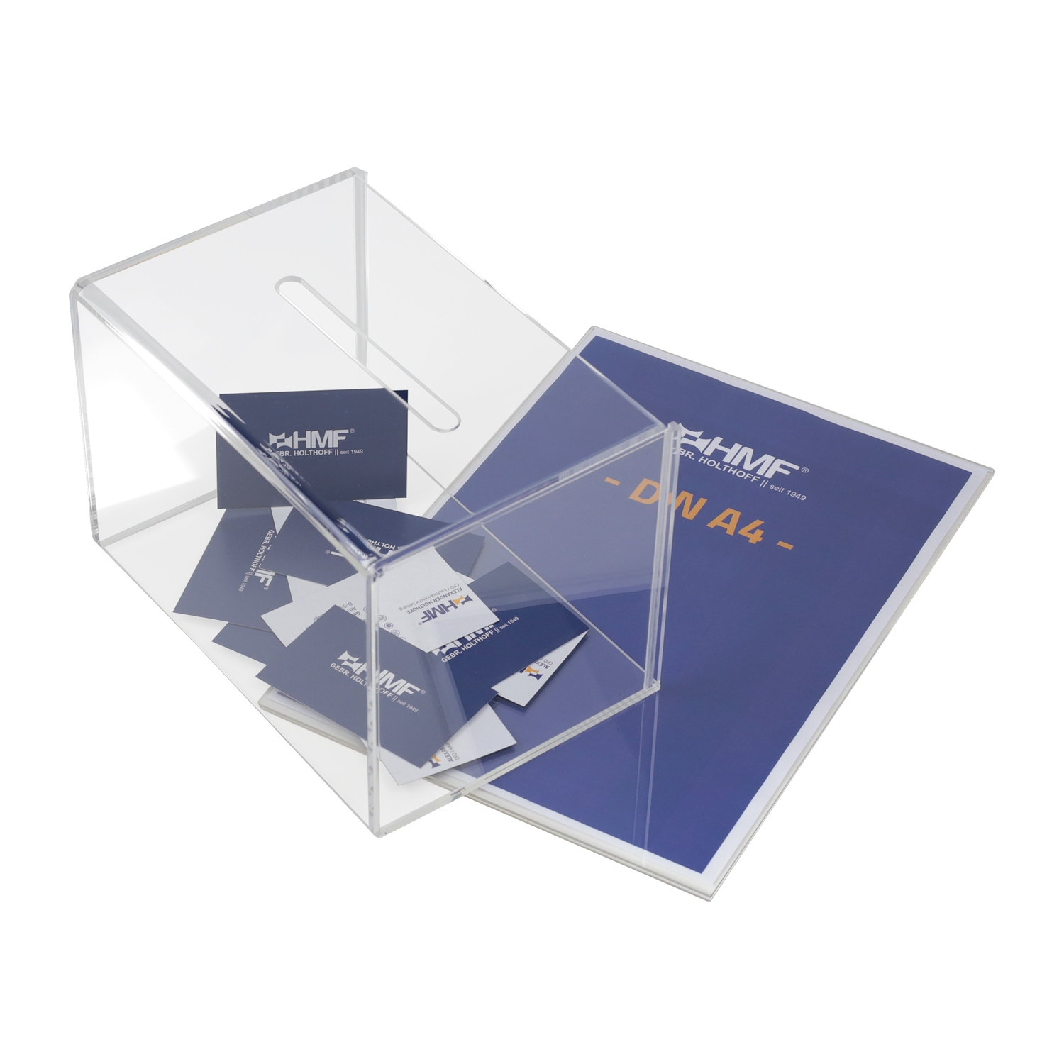 Spendenbox Acryl für DIN A4 Blatteinschub von HMF mit den Maßen 22 x 15 x 31 cm