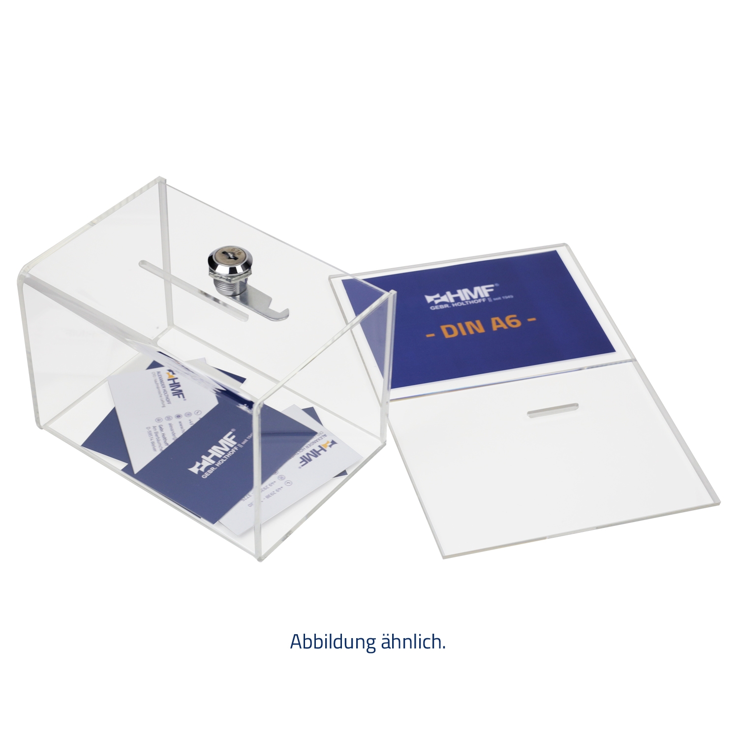 Spendenbox Acryl für DIN A5 Blatteinschub von HMF mit den Maßen 21.5 x 16 x 16 cm
