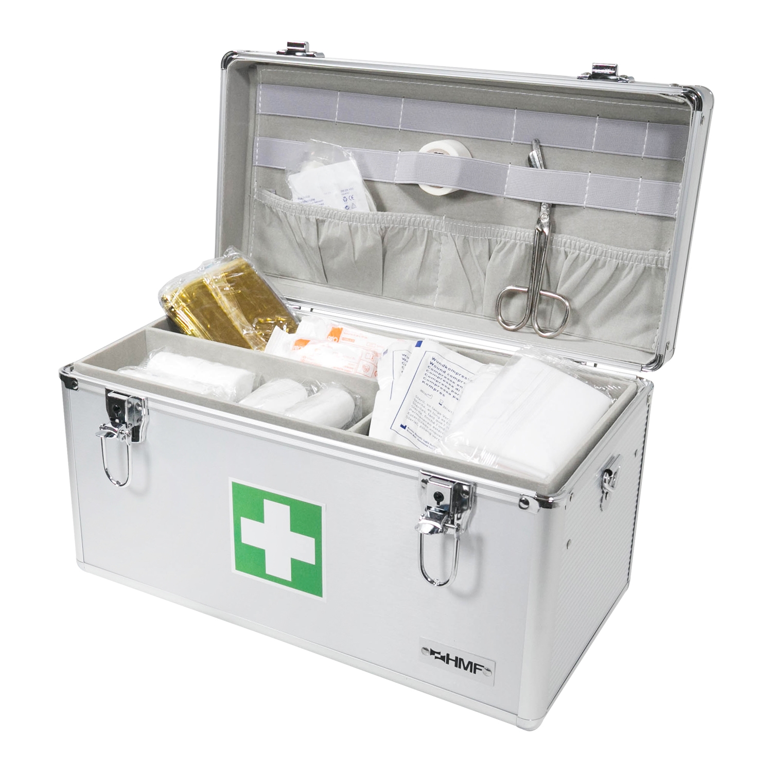 Medizinkoffer oder Erste Hilfe Koffer aus Aluminium von HMF mit den Maßen 40 x 22.5 x 20.5 cm in Silber