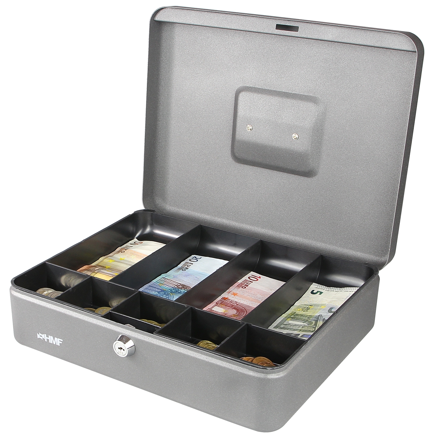 Geldkassette mit Münzeinsatz und Scheinfächer von HMF mit 30 cm Breite in Silber