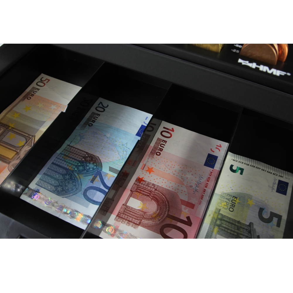 Geldkassette mit einem Euro-Münzzählbrett von HMF mit 30 cm Breite in Schwarz