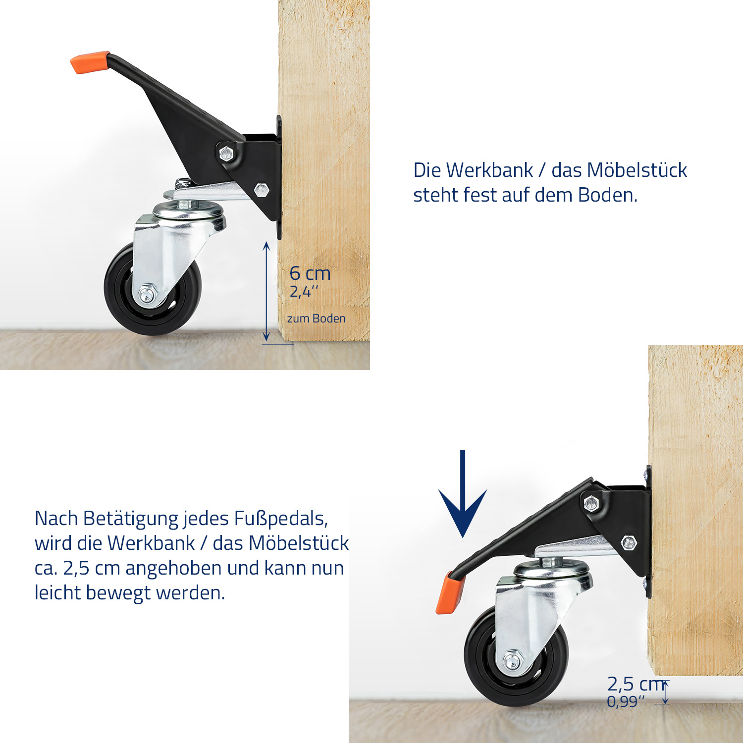 Schwerlastrollen absenkbar für Werkbank, 4er Set, HMF 6750, 76 mm, Schwarz