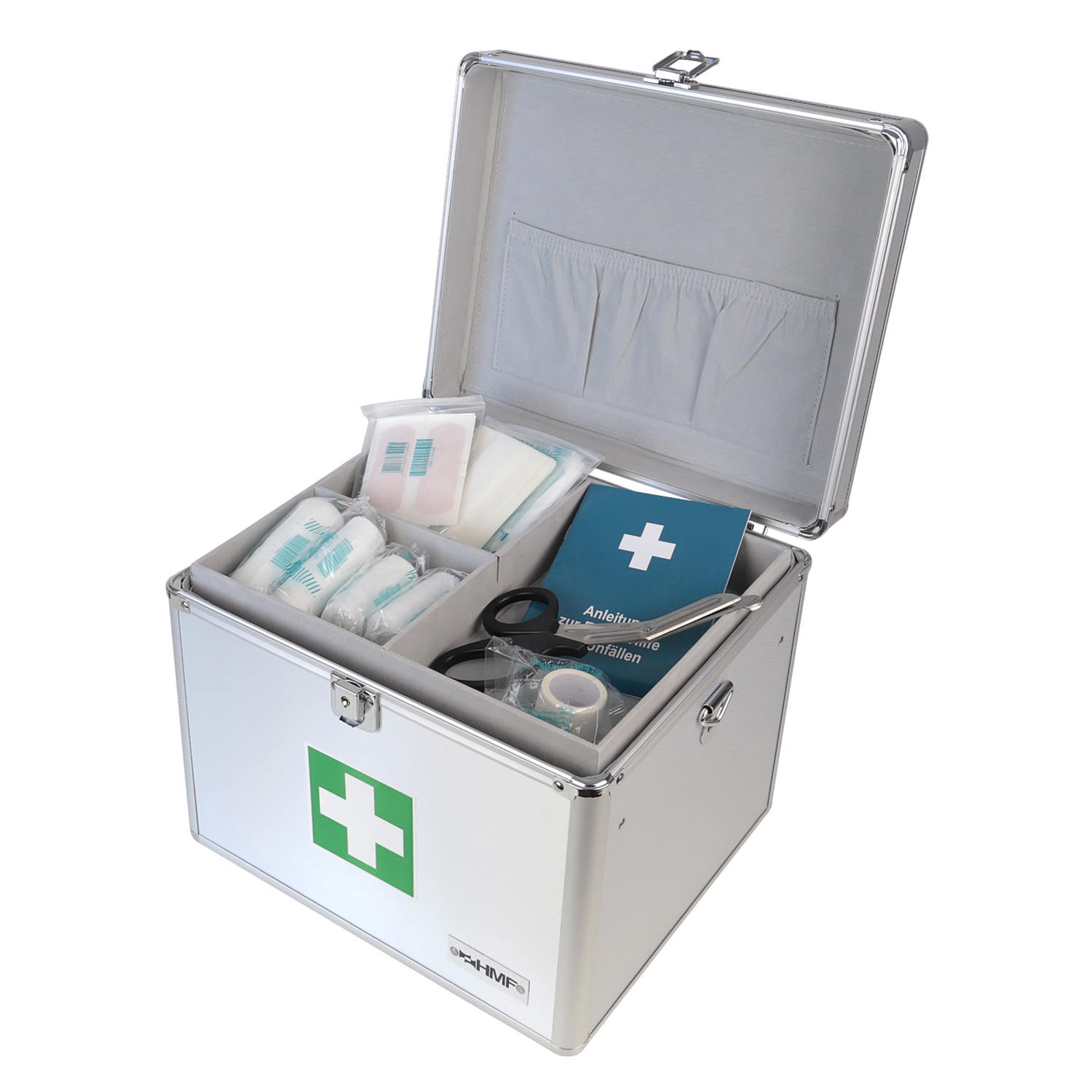 Medizinkoffer oder Erste Hilfe Koffer aus Aluminium von HMF mit den Maßen 30 x 25 x 25 cm in Silber