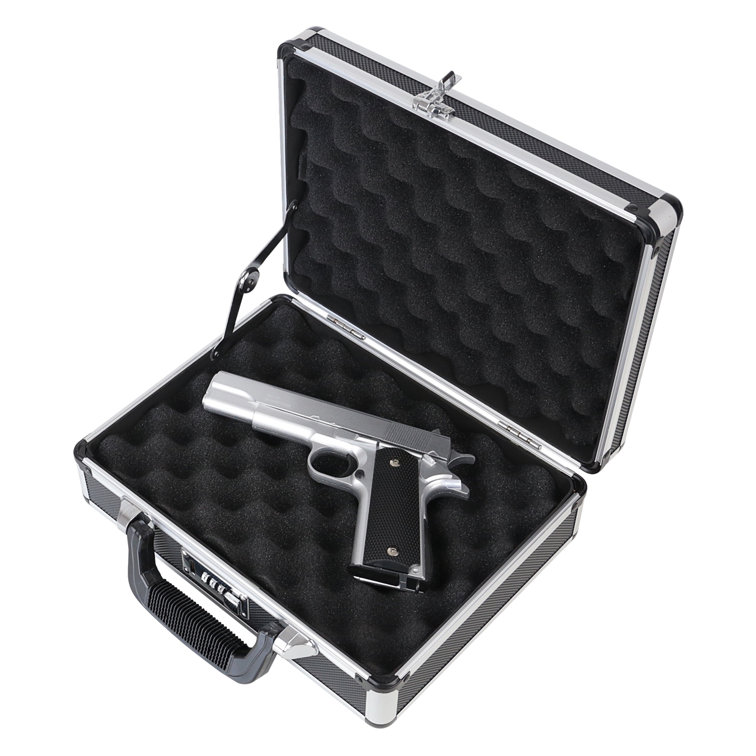 Alu Pistolenkoffer oder Kurzwaffenkoffer mit Zahlenschloss von HMF mit den Maßen 31 x 26 x 11 cm