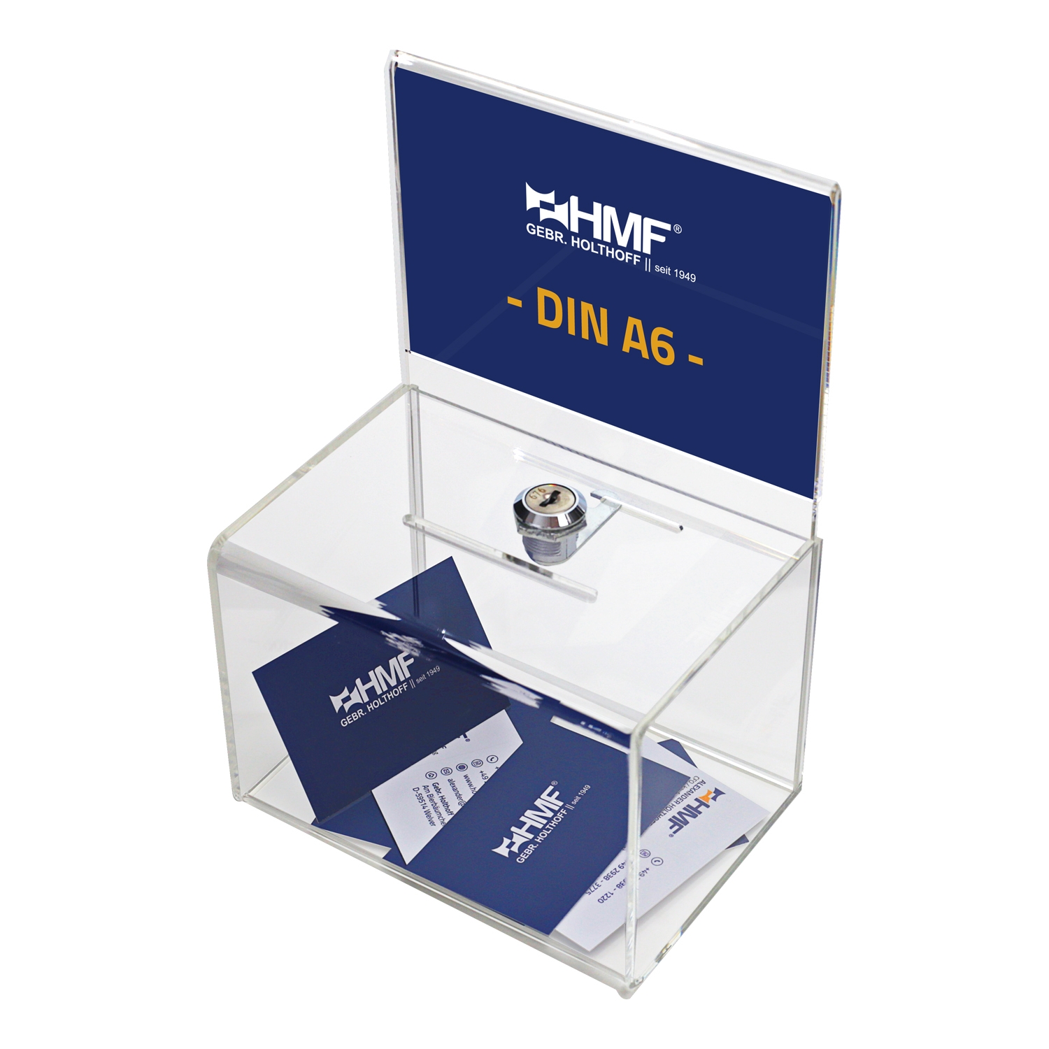 HMF Spardose Logo Acryl 14 cm abschließbar Sparbox Sparbüchse Spendenbox 