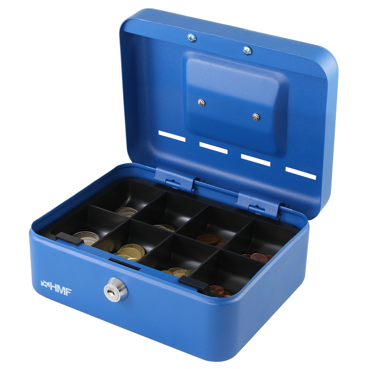 Geldkassette mit 8 Sparfächern von HMF mit 20 cm Breite in Blau