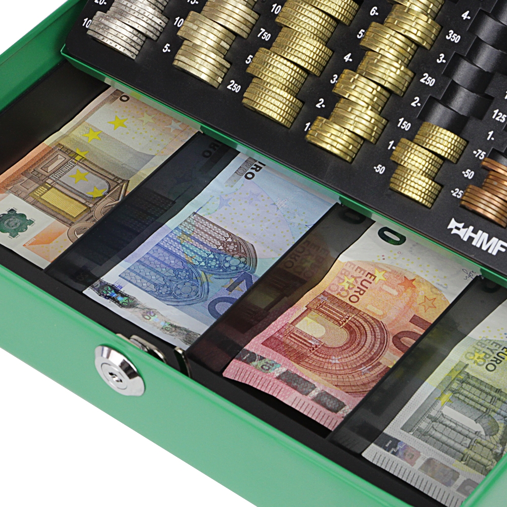 Geldkassette mit einem Euro-Münzzählbrett von HMF mit 30 cm Breite in Grün