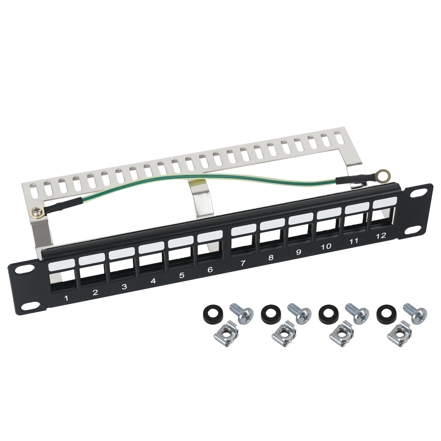 STP Keystone-Patchpanel für 10 Zoll Serverschränke von HMF mit 12 Ports RJ45 in Schwarz